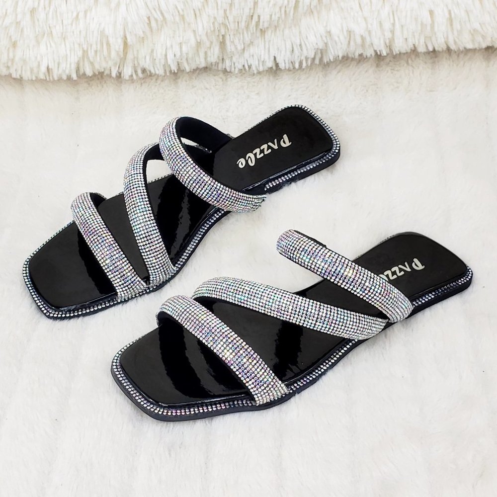 Padded Triple Strap Slip On Sparkly Rhinestone Square Open Toe Sandals